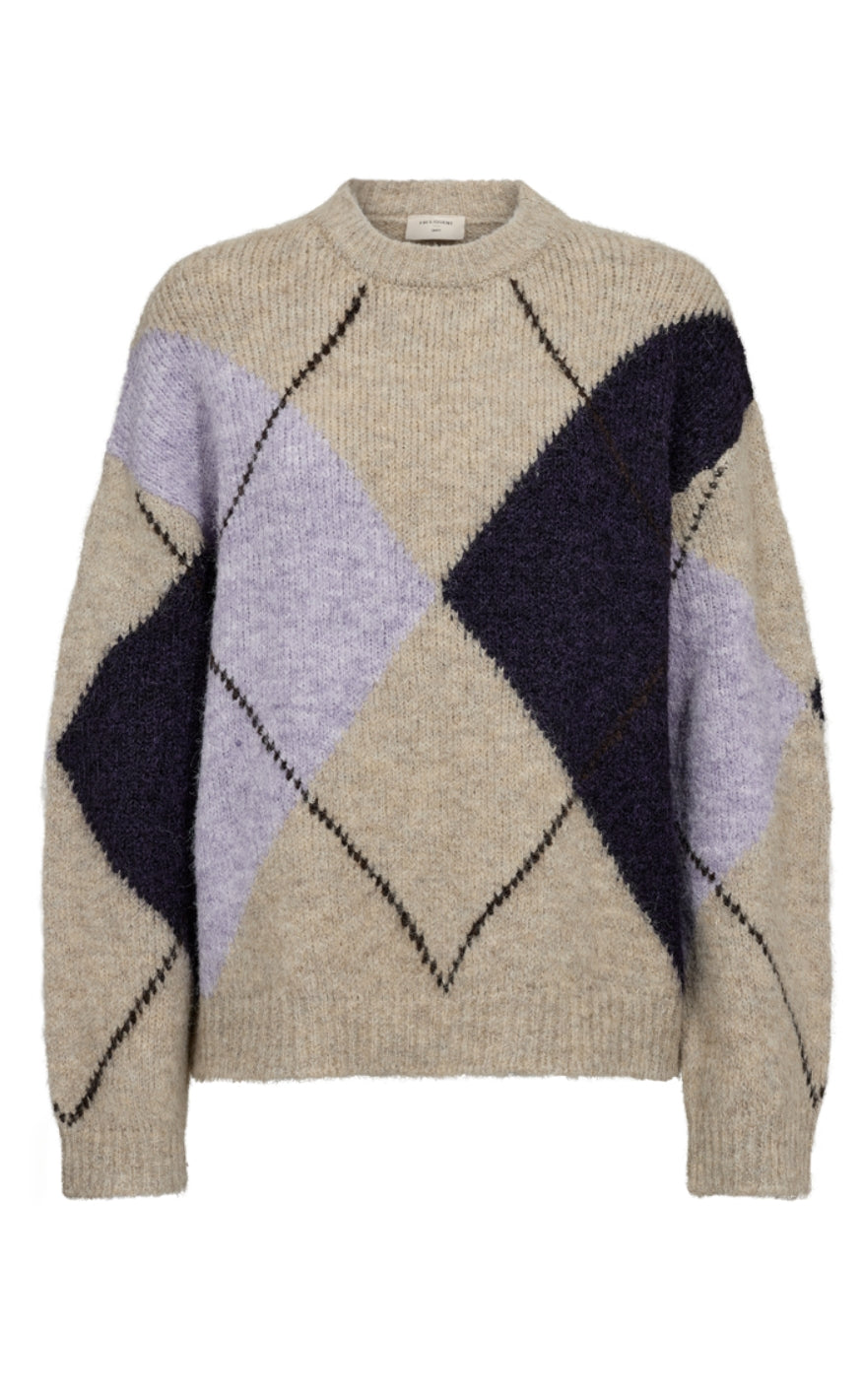 Freequent Genser - Grslulu Argyle - Oyster Grey Mel w. Iris Mel.
